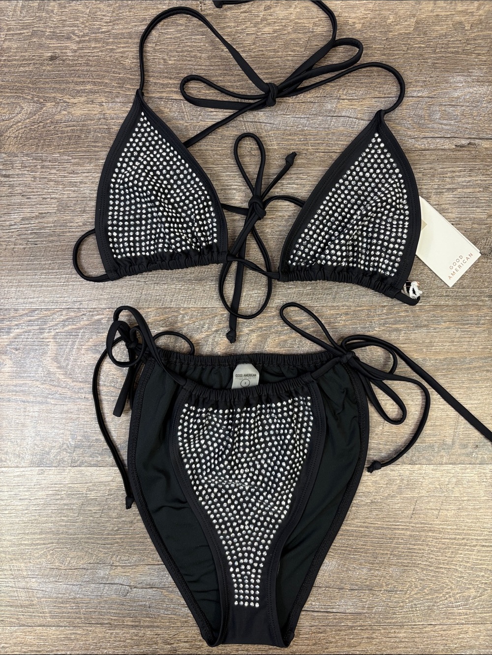 Good American Crystal Embellished String Bikini Set Black Size 3 NWT